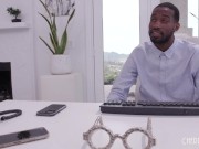 Petite Blonde Perky Tits Spinner is distracting Hollywood Cash from his work to give him a blowjob and take on a BBC 3/16