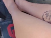 Long legs and long feet pedal pumping in tan nylon stockings after kicking off my Adidas slides 14/16