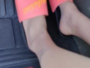 Long legs and long feet pedal pumping in tan nylon stockings after kicking off my Adidas slides 2/16