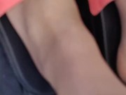 Long legs and long feet pedal pumping in tan nylon stockings after kicking off my Adidas slides 3/16