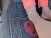 Long legs and long feet pedal pumping in tan nylon stockings after kicking off my Adidas slides 6/16