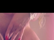 Sexy curvy blonde teasing in green lingerie then rubbing on wet pussy! 9/16