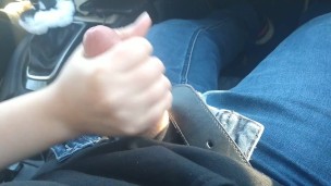 Sneaky handjob in the car, almost got caught