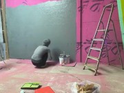 Tattooed Girl get fucked and facial while painting a wall 11/16