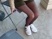 a good blowjob on the balcony followed by a cumshot on nylon buttocks 1/16