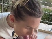 a good blowjob on the balcony followed by a cumshot on nylon buttocks 8/16