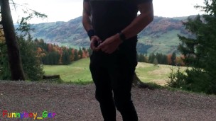 Hot jerk off and cumming on a mountain in the Bavarian Alps, very cheeky in the middle of the walk