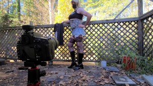 Big fake tits crossdresser short skirt corset photoshoot masturbation