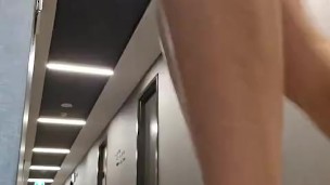 Sexy bunny risky play in public hallway