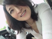 Wild Japanese MILF with pale skin and big bolt on breasts goes on a clothing optional public exposure car ride to forest sex 9/16