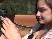 Amateur babe on date, drive and blowjob in car roadhead POV, hairy bush 4/16