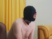 Dominatrix Nika feeds sperm to her slave. Two used condoms with sperm in the slave's mouth. 14/16