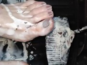 Smashing an ice cream sandwich with my big feet 13/16