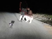 On public road total naked whore on leash and high heels pissing while sucking husband's cock 3/16
