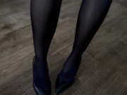 gives a deep blowjob and spits on stockings. got cum on nylon feet 7/16