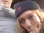 Hot young cumslut sucks cock and swallows in car while vibing with her hitachi 1/16