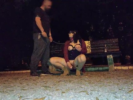 Hot mother in law training in public with dog leash having big orgasm with dildo