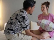 Stepbro and stepsis fight with pillows in a hotel room. 15/16