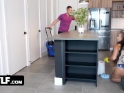 FreeUse Milf - Busty Milf And Her Sexy Teen Stepdaughter Get Fucked By Stepson In The Kitchen 3/16