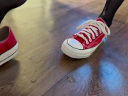 beauty in stockings sucks a thick dick and spits on her feet. wet nylon feet 4/16