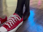 beauty in stockings sucks a thick dick and spits on her feet. wet nylon feet 5/16