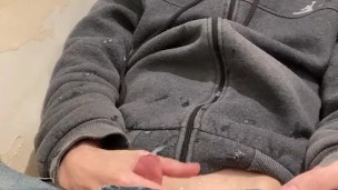 in the bath he jerks off his dick in a warm jacket and cums a lot of sperm