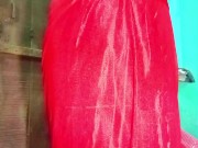 Indian Gay Crossdresser in Red Saree fingering in his ass and pressing his boobs xxx🥵
