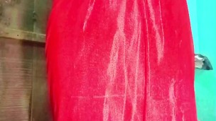 Indian Gay Crossdresser in Red Saree fingering in his ass and pressing his boobs xxx🥵