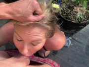 Maid sucks off Weed 🪴 Gardener till he cums & piss on my face outdoors  , Farmers Wife 9/16