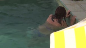 On the beach, stepmom doesn't allow me to fuck her but I cum in her hairy pussy