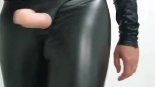 Leather leggings and my wifes strap-on