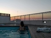 cumming a lot in the pool at a beautiful sunset - accounter adventure 11/16