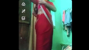 Indian gay Crossdresser xxx nude in red saree showing his bra and boobs🥵