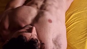 Before going to bed a horny boy makes pleasure last to cum hard on his muscular body