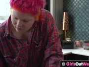 Hairy dyke with huge clit fucks sexy brunette MILF 1/16