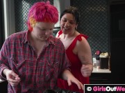 Hairy dyke with huge clit fucks sexy brunette MILF 3/16