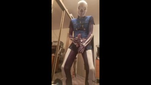 Skeleton huge cumshot on his T-shirt with intense orgasm