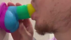 Sucking dildo in gas station bathroom
