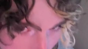 Cute transgirl femboy sucks and chokes on a dildo POV