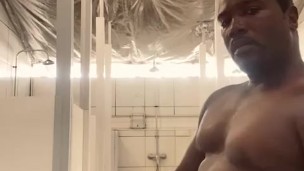 Black big dick jerking in the gym shower