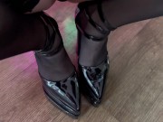 in stockings with heels spits on her legs, wet nylon feet 3/16