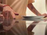 Two neighbors prepared breakfast for their friend and had sex after in the kitchen. 2/16