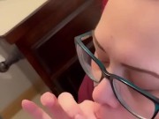 BBW stepmom MILF gives blowjob and receives a facial cum shot your POV 9/16