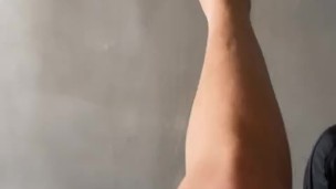 Hot blue eyed studs, barefoot stretch before workout