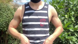 Asian Muscle Guy Jacks Off In Garden