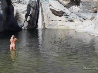 Naked blonde girl explores waterfall- relaxing and beautiful