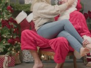 Sexy MILF fucks gives Santa a blowjob, riding his big dick and gets cum on ass 1/16