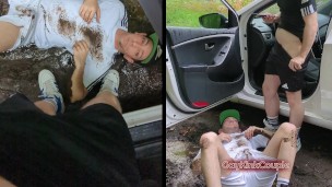 Muddy piss break in forest