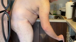 Straight Chubby Hunk Strips While Doing Dishes