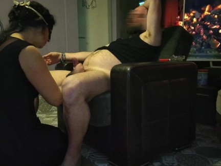 Hot cunt milf in black dress worship his fat cock, balls and anus
